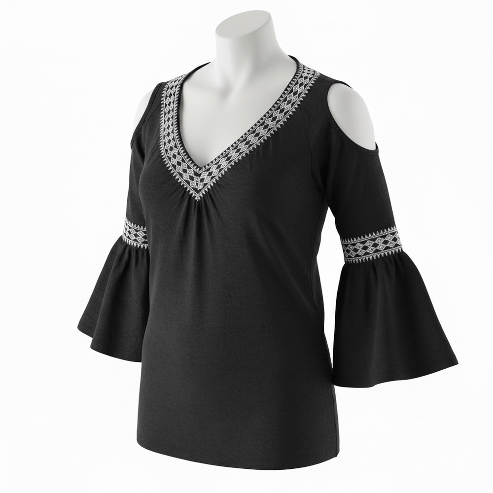 G Collection Black Boho Cold Shoulder Bell Sleeve Embroidered Peasant Top